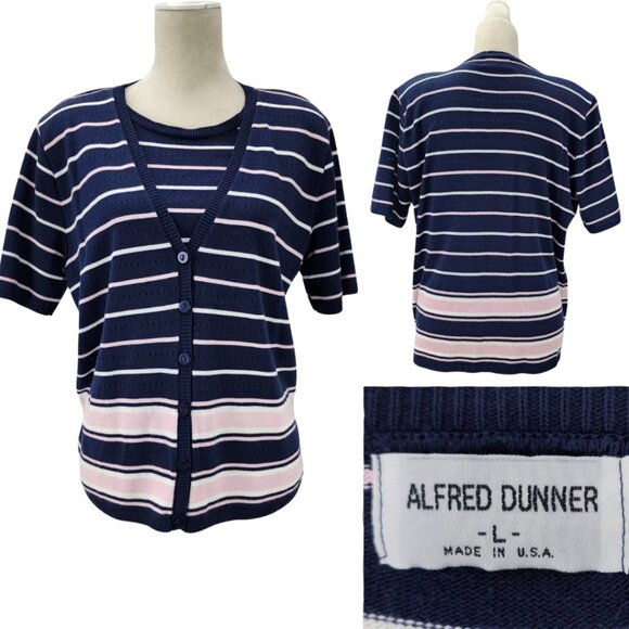 Alfred Dunner USA Women Large Navy & Pink Stripes 2fer Layer Acrylic Sweater Top - Picture 1 of 14